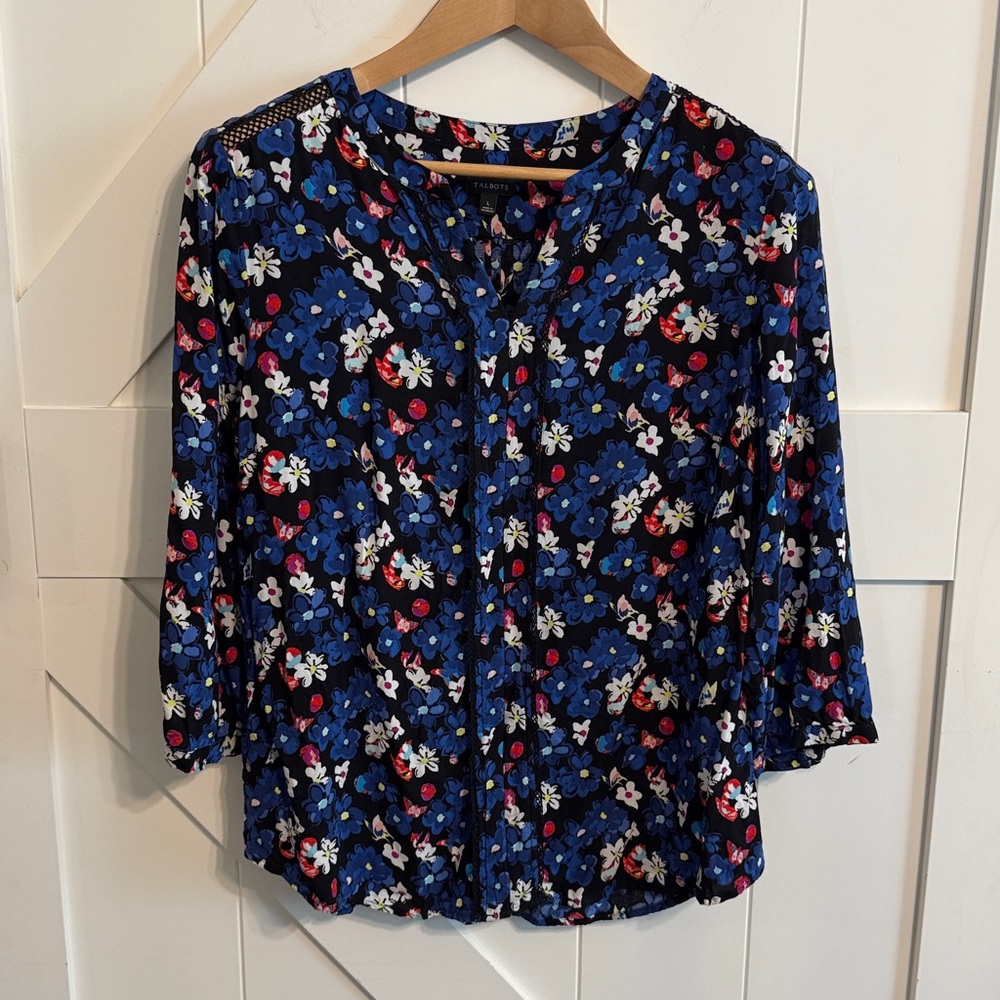 Talbots Blue Floral Blouse Women’s Large Workwear Lace Trim